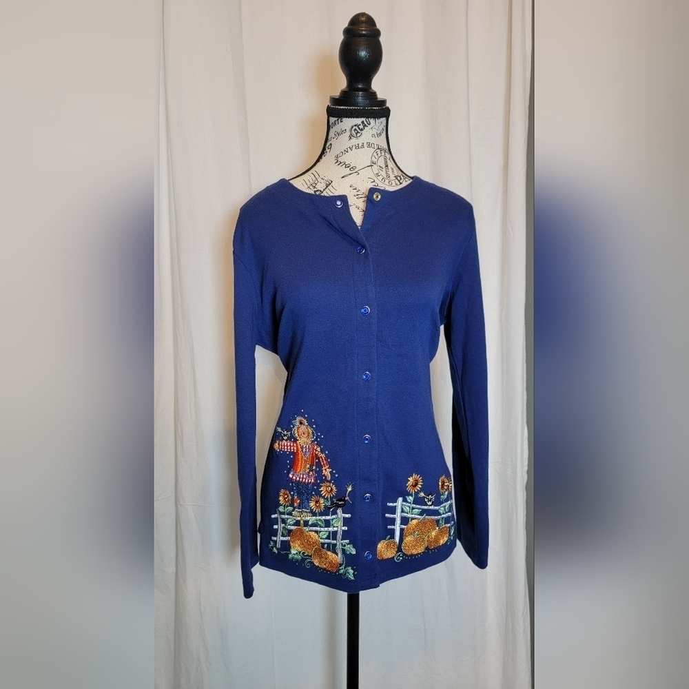 Quacker Factory Blue Cardigan with Embroidered Design